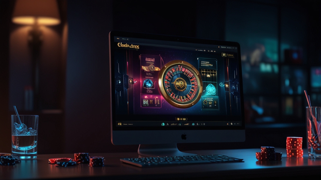 Desktop monitor showing a secure casino login page in a dark gaming room