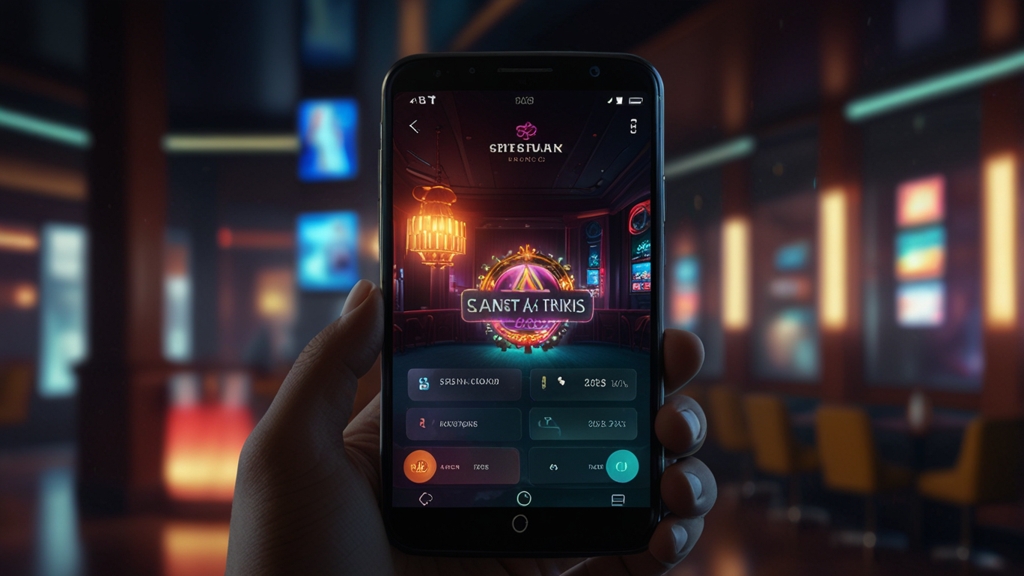 A hand holding a phone with a casino app download screen in a dark neon setting