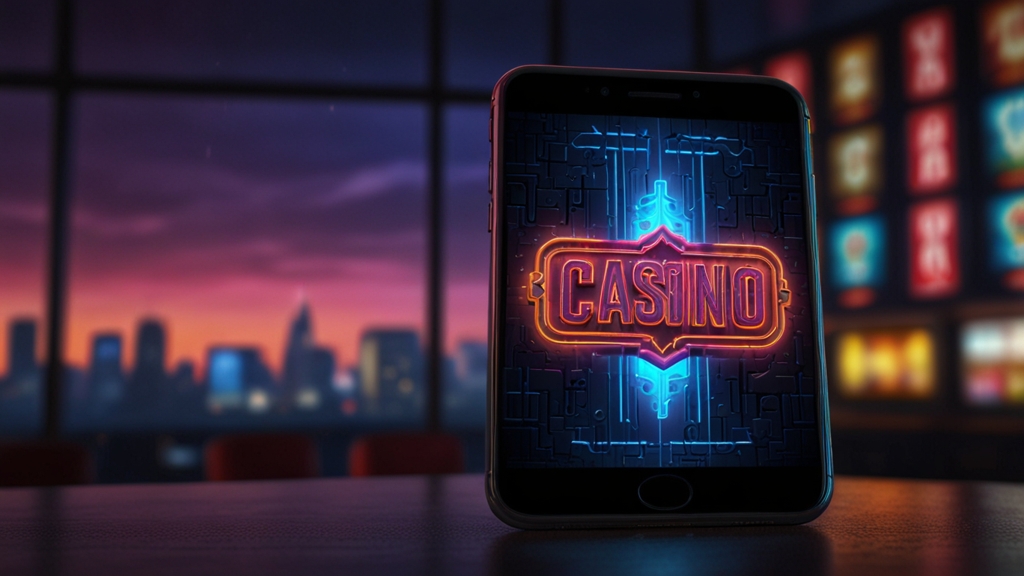 A phone showing a stalled casino app download in a dark neon scene