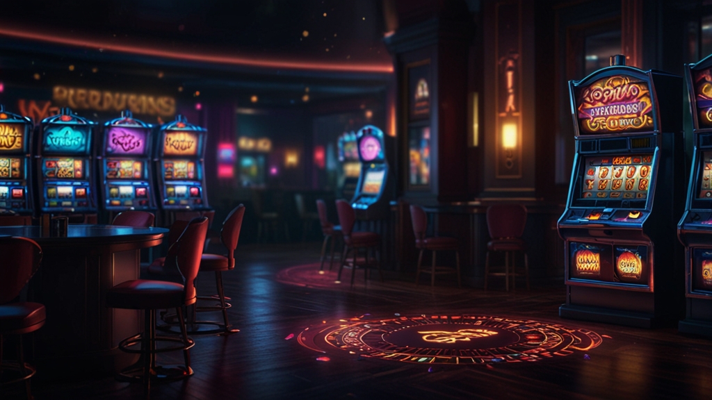 Free spins voucher glowing above a slot machine in a dark casino