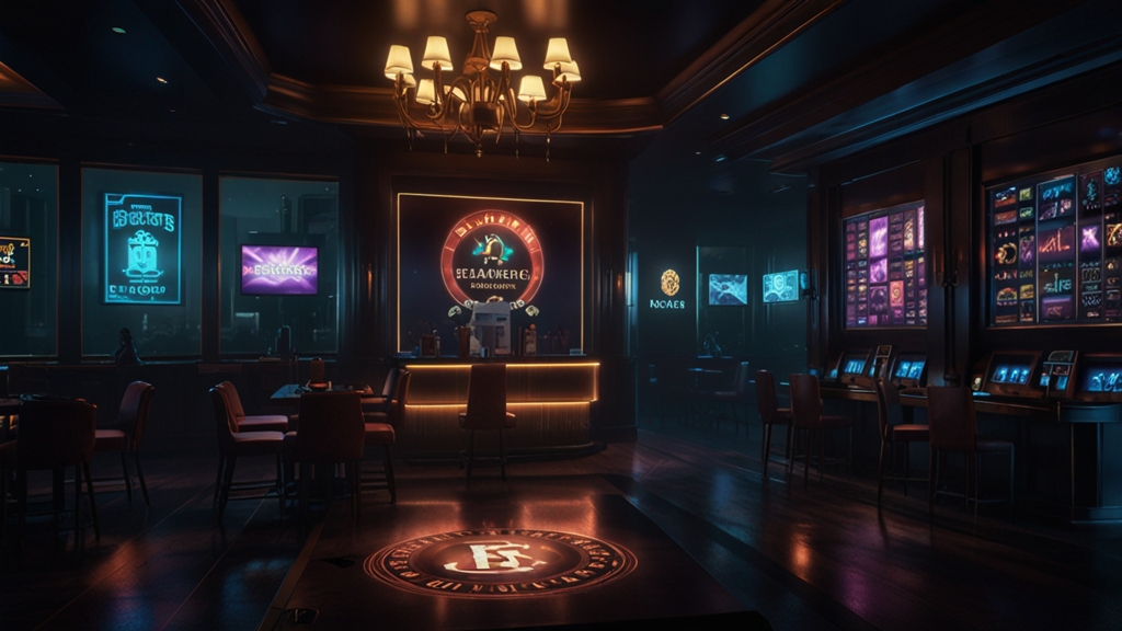 A glowing casino login screen in a dark, atmospheric gaming room